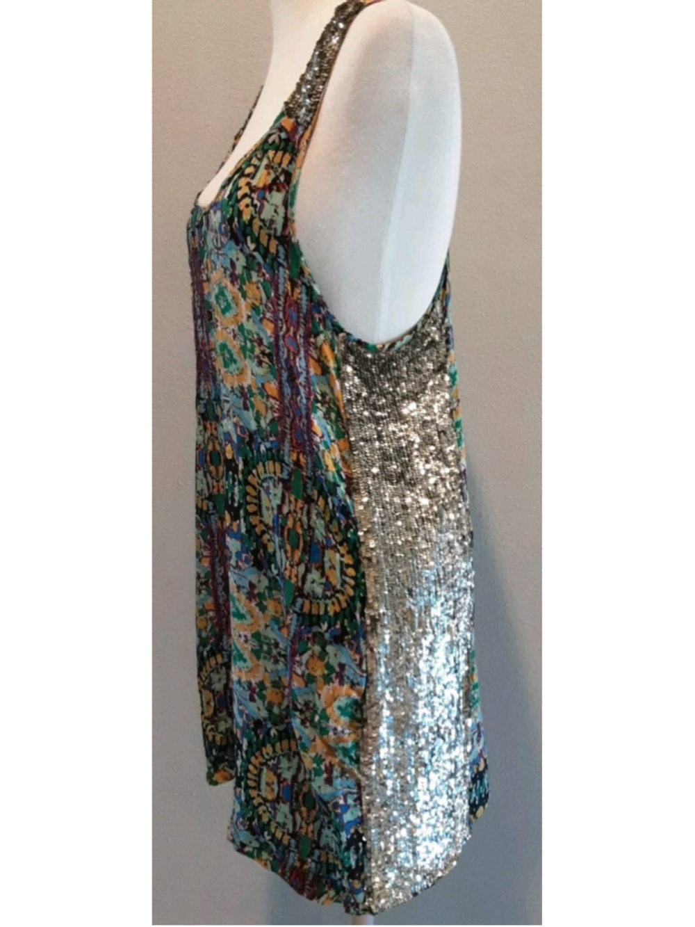 CREATIVE COMMUNE-Tribal Silk Print Sequined Artisan Tank Dress LA Designer Sz L